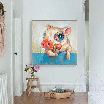Amuzant Arta de Perete Pictura Artist de Mână-pictat Minunat Animal de Porc cu Ulei de Trandafir Tablou Drăguț de Porc Pictură în Ulei pentru Prietenul Cadou