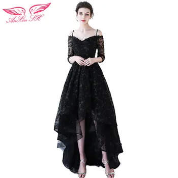 AnXin SH negru dantelă Rochie de Seara princess Broderie neagră de Lux Satin Jumătate cu Mâneci Rochie de Bal Elegant negru