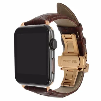 Autentic Curea din Piele de Vițel pentru iWatch Apple Watch 38mm 42mm Seria 3 2 1 Watchband Fluture Catarama Curea Bandă Negru Aur Argint