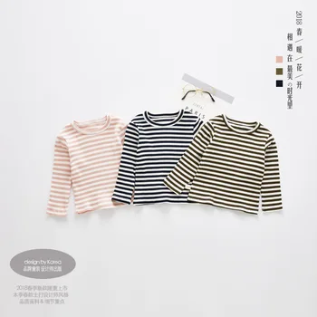 Baby Girl T Shirt Pentru Copii Marca Haine Fete 2018 Primavara Toamna Pentru Fete Noi Maneca Lunga Rib Tricot Cu Dungi Bottom Tricou Roz