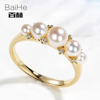 BAIHE Solid 14K Aur Galben 5mm*1 Certificat tăiat Rotund Autentic Perle Naturale de Logodna pentru Femei la Modă de Bijuterii Fine Inel cadou