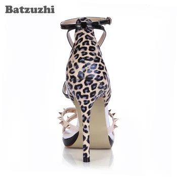Batzuzhi 12CM Super Star pentru Femei Sandale Pantofi cu Tocuri Subtiri de Mare Lepord Negru Curele Nituri Sandale Femei Sexy Petrecere Pantofi din Piele