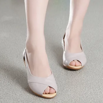 BEYARNE Stil de Vara Țese din Piele Pene Sandale cu Toc Femei Plat Peep Toe Fund Moale Solid de sex Feminin Casual Pantofi de Vara