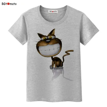 BGtomato minunat zâmbind fata cat tricou femeie de desene animate 3D de mare pisica amuzant tricou Brand de bună calitate, confortabil moale tricouri