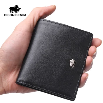 BISON DENIM moda barbati portofele din piele mini mică pungă portofel card de titular cu fermoar buzunar monedă
