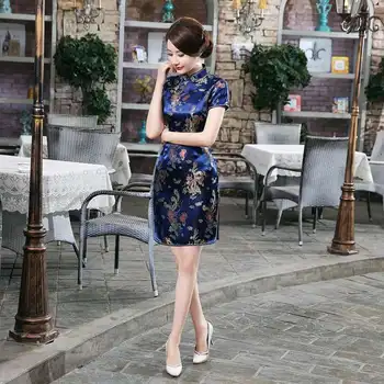 Bleumarin Rochie Tradițională Chineză Femei Vintage din Satin Cheongsam de Vară Mini Sexy Scurte Qipao Plus Dimensiune 3XL 4XL 5XL 6XL