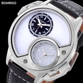 BOAMIGO 2016 nou brand popular bărbați ceasuri de moda casual quartz Dual Time ceasul cu cadrane albe numere arabe din piele trupa