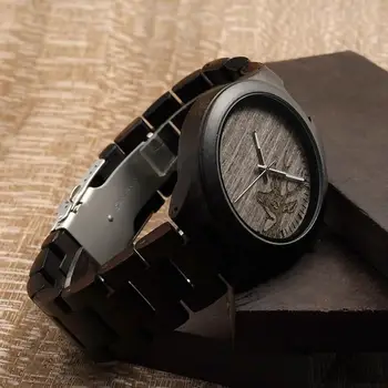 BOBO PASĂRE Mens Negru Abanos Lemn Watch Cap de Cerb Dial Top Brand de Lux Cuarț Încheietura mîinii Ceas pentru Bărbați în Cutie de Cadou