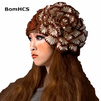 BomHCS Cald Iarna Căciulă & Mănuși Costum lucrat Manual Tricot Croșetat Pălărie Capace de mână cu o Floare Mare (prețul pentru caciula sau manusi)