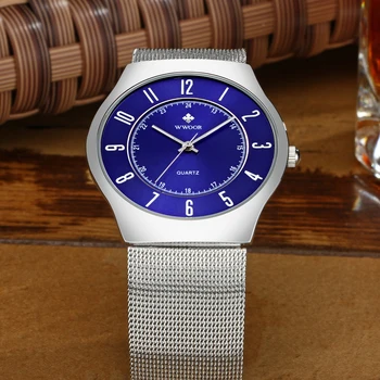 Brand de lux WWOOR Ceasuri Bărbați Cuarț Ceas din Oțel Inoxidabil Plasă de Argint Curea Ultra Slim Dial Impermeabil Ceas Relogio Masculino