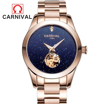CARNAVAL 2017 Doamnelor Diamant Display Femei Top Brand de Lux Simplu Stele Schelet Transparent Caz Automată Ceasuri Mecanice