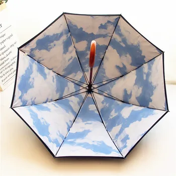 Cer albastru și alb nor mâner din lemn lung umbrela de ploaie femei umbrelă de soare paraguas mujer parapluie femei paraplu de înaltă calitate