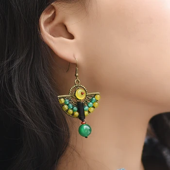 Cercei etnice Verde Galben piatra Picătură cercei pentru femeile Cupru Pene de Păun agățat Cercei vintage bijuterii moda 2017