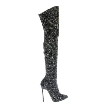 Chic Cristal Femei Lungi Cizme a Subliniat Toe Metal Subțire Pantofi cu Toc Peste genunchi cu Fermoar Sexy Grațios Încălțăminte Cizme Negre