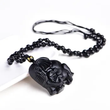 Chineză Manopera Naturale Obsidian Negru Sculptat Mama Copil Drăguț Elefant Amuleta Norocoasă Pandantiv Colier Moda Bijuterii