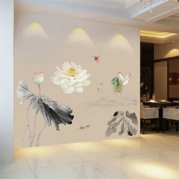 Chineză stil de Cerneală lotus Autocolant Perete Canapea Acasă/TV de Fundal înfrumuseța Living Decor Mural poster autocolante de arta Decalcomanii