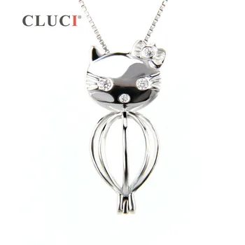 CLUCI moda bijuterii femei Kitty Cat cușcă pandantiv argint 925 Colier pandantiv charm animal Medalion pearl pandantiv