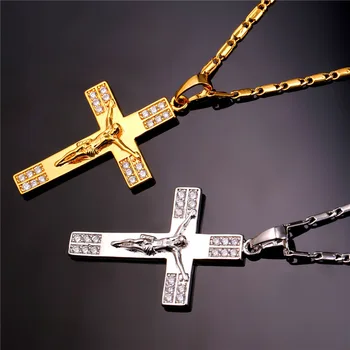 Collare INRI Crucifix Cross Pandantiv de Aur/Argint Culoare Cristal Zirconia Colier Femei Cadou de Crăciun pentru Bărbați Religioase Bijuterii P922