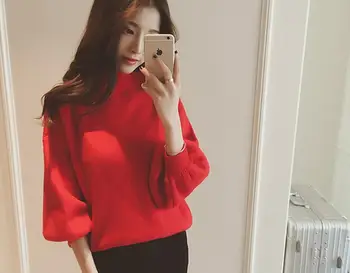 Coreeană pulover tricotate Femei pulovere tricotaje 2018 Nou Toamna iarna Solidă Guler Maneca Lunga jumper pull Feminin Liber roșu