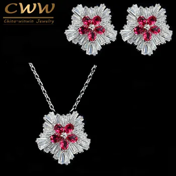 CWWZircons Spumant Floare În Formă De Roșu Stras De Cristal Cercei Si Colier Pandantiv Seturi Pentru Femei De Moda Bijuterii T079