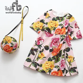 De vânzare cu amănuntul 2-8 ani cu maneci fata rochie de imprimare + sac de flori vară pentru copii