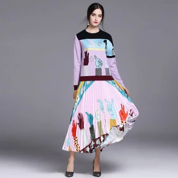 De înaltă calitate stil Nou Set de Toamnă Costum Violet Femei Lână de Amestec de tricotat Pulovere + Cutat Mult de Jumătate Fusta Pista deux-pieces