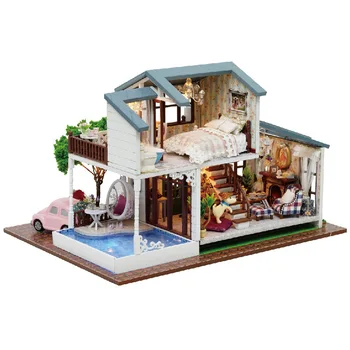 DIY de Lux din Londra Villa Model de Lemn casă de Păpuși Cu Masina de Lumină Și Muzică în Miniatură Casă de Păpuși Handmade de Crăciun Ziua de Puzzle Cadou