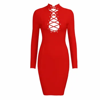 En-gros 2018 Nou rochie Negru și roșu galben mâneci Lungi tricot Strans tricot Strans Cocktail rochie bandaj (H2098)
