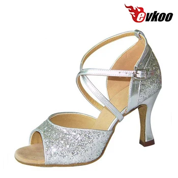 Evkoodance Salsa Pantofi Femei 7cm Inaltime Toc Confortabil Auriu Și Argintiu PU Dans Latin Pantofi Pentru Femei Evkoo-014