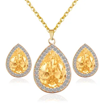 F&U Stil Romantic de Culoare de Aur Picătură de Apă în Formă cu Mare Cristal Colier și Cercei Set de Bijuterii de Moda S005