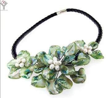 Femei Bijuterii naturale alb perla verde stralucitor 3 flori pandantiv cochilie de sidef colier negru din piele de 18