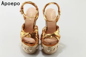 Femei de lux pantofi pene sandale nit și preals decor doamnelor petrecere de aur de moda sandale platforma pantofi catarama curea