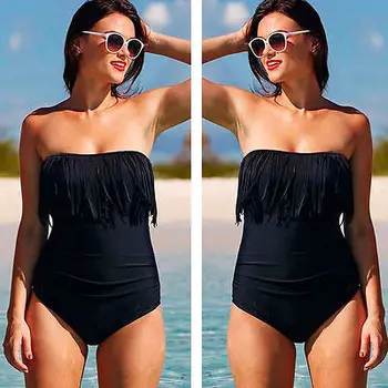 Femei-O bucată de Costume de Plaja fara Bretele Negru Ciucuri Costume de Baie Bikini Plus Dimensiune XL-4XL Vara Solid Negru Beachwear