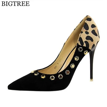 Femei pompe noi de moda de design nituri femei pantofi confortabil Leopard subliniat tocuri de calitate înaltă tocuri de vară tocuri zapatos muje