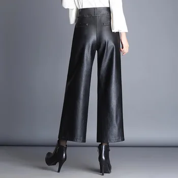 Femei PU piele pantaloni de moda 2017 toamna și iarna talie înaltă nouă pantaloni femei pantaloni largi picior de culoare negru plus dimensiune M-4XL