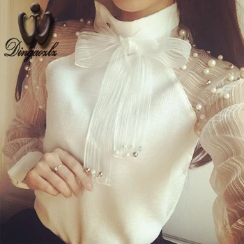 Femei îmbrăcăminte coreeană elegant Europene alb dantelă topuri de moda arc ștrasuri din mărgele plasă de coasere maneca lunga bluza șifon cămașă