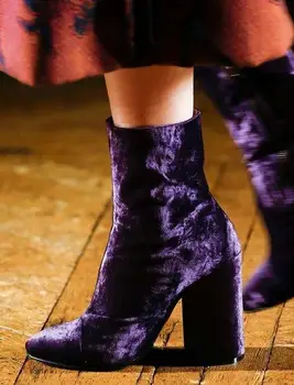 Fierbinte de vânzare catifea purpurie pista toc înalt cizme a subliniat toe tocuri groase femeie cizme de iarna cizme glezna pentru femei dimensiune 35-42