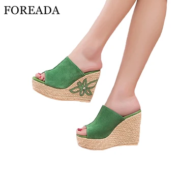 FOREADA Piele naturala Incaltaminte Femei Sandale Sandale cu Platforma Platforma Wedge Sandale Peep Toe Tocuri inalte Pantofi de Flori Verde Alb