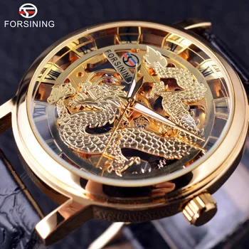 Forsining Chineză Dragon Schelet Design Transparent Caz Ceas De Aur Mens Ceasuri De Top De Brand De Lux Mecanice De Sex Masculin Încheietura Ceas