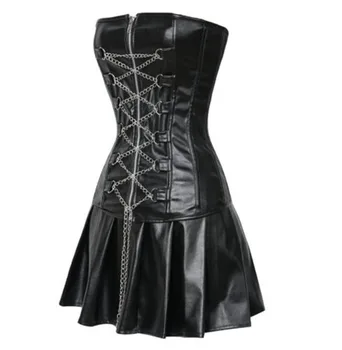 Gotic negru faux din piele cu fermoar rochie corset steampunk brâu bustiera clubwear haine cu fusta mini+lanturi