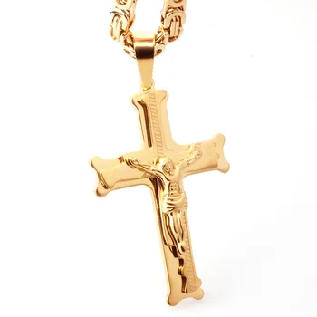 Granny Chic Barbati Bijuterii Fierbinte Vinde Aur de Moda din Oțel Inoxidabil Mari Isus Pandantiv Cruce Bizantină Colier 6mm