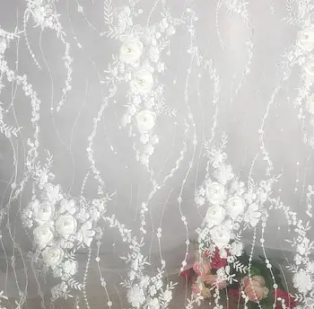 Grele brodate tesatura dantela cu flori 3D, tul tesatura dantela cu broderie florala, de culoare alb 3d flori dantelă tesatura