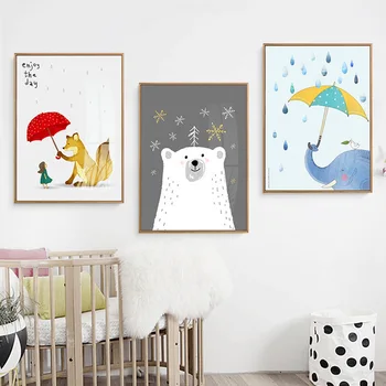 HAOCHU Nordic Animale Desene animate Drăguț Urs Polar Panza Pictura pe Perete Poza Copilului Copilul Decor Dormitor Modern Decor Acasă