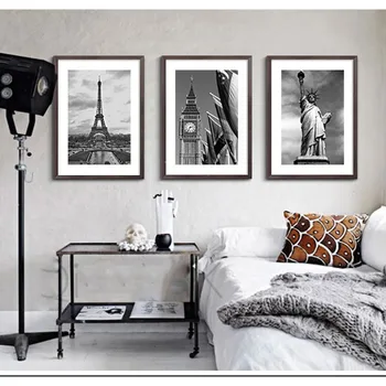 HAOCHU Retro, Negru și Alb Arhitecturală Turnul Eiffel, Statuia Libertății Pictura Decor Simplu și Modern de Fundal Postere