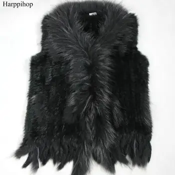 Harppihop livrare Gratuita femei de natural real iepure vesta de blană cu guler de blană de raton vesta/jachete iepure rex tricotate winte