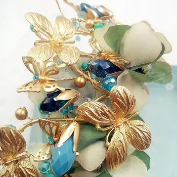 HIMSTORY Vintage Albastru Fluture Floare Tiara Coroana Baroc Regina Petrecere de Nunta, Accesorii de Par