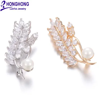 HONGHONG 2018 Copac Frunze Stil Stralucitor zirconiu Cubic Brosa Lady Moda Bijuterii Pearl Broșe Pentru Nunti, Cadouri de Anul Nou