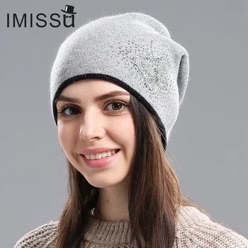IMISSU de Iarna pentru Femei Pălării Tricotate Real Lână Chelioși Casual Cap Căciulă cu Fluture Model Solid Gorros Capota Femme