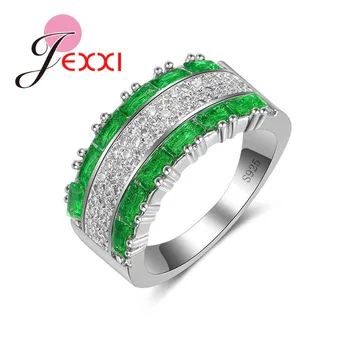 JEXXI Dublă de Lux cu Dungi Verde Cubic Zirconia Inele Argint 925 cu Degetul Bijuterii pentru Femei, Fete de Logodna si de Nunta