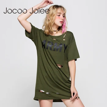 Jocoo Jolee Solid Gaura Străpunsă T-shirt Femei de Moda Scrisoare Mâneci Scurte Casual de Vara Liber de Brand Design Lung Tricouri Pentru Doamna
